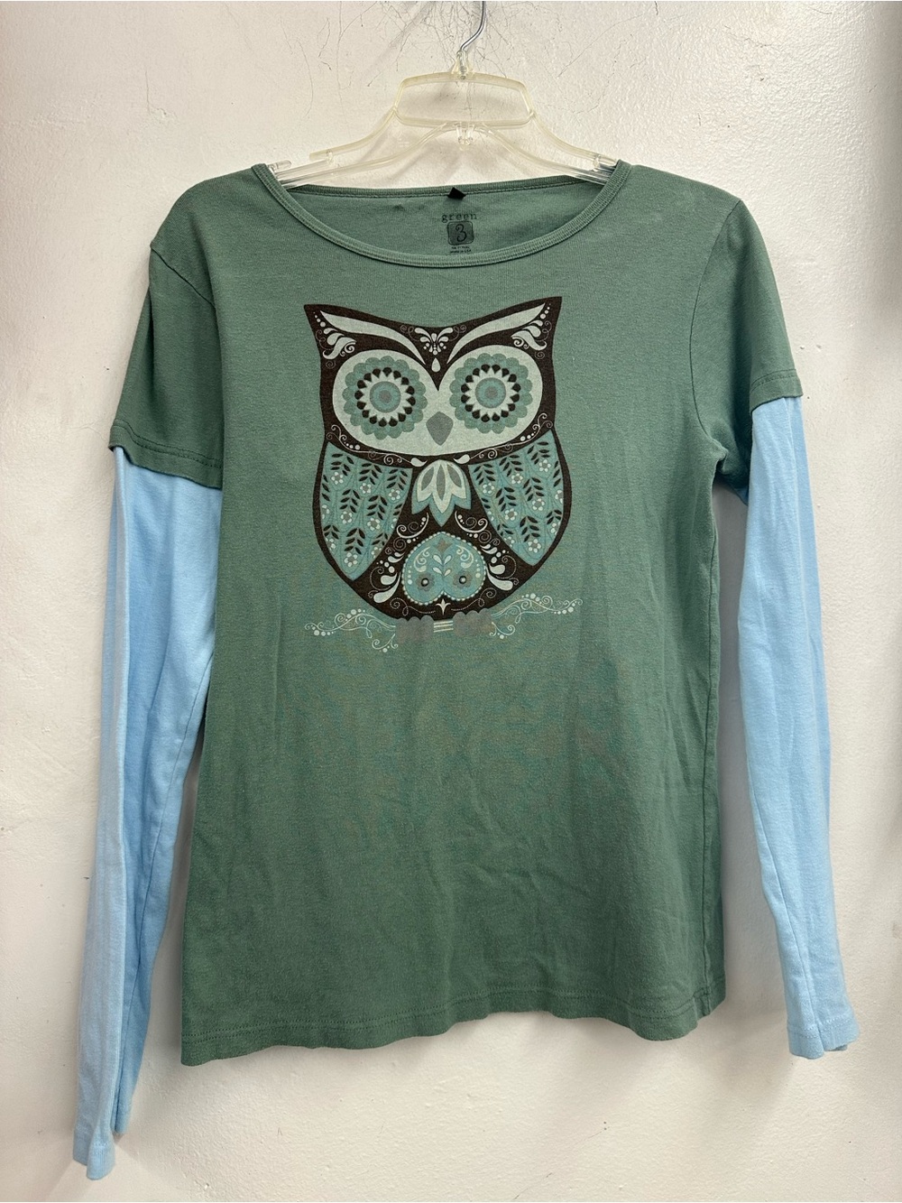 Long Sleeve Green Owl Graphic Layered Tee size medium organic cotton